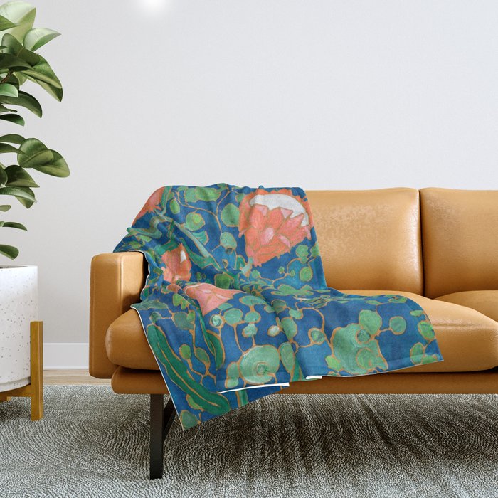 Coral Proteas on Blue Pattern Painting Throw Blanket Gallery Image 1
