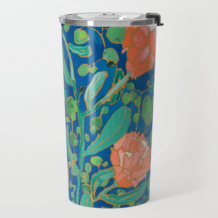 Coral Proteas on Blue Pattern Painting Travel Mug Gallery Image 2