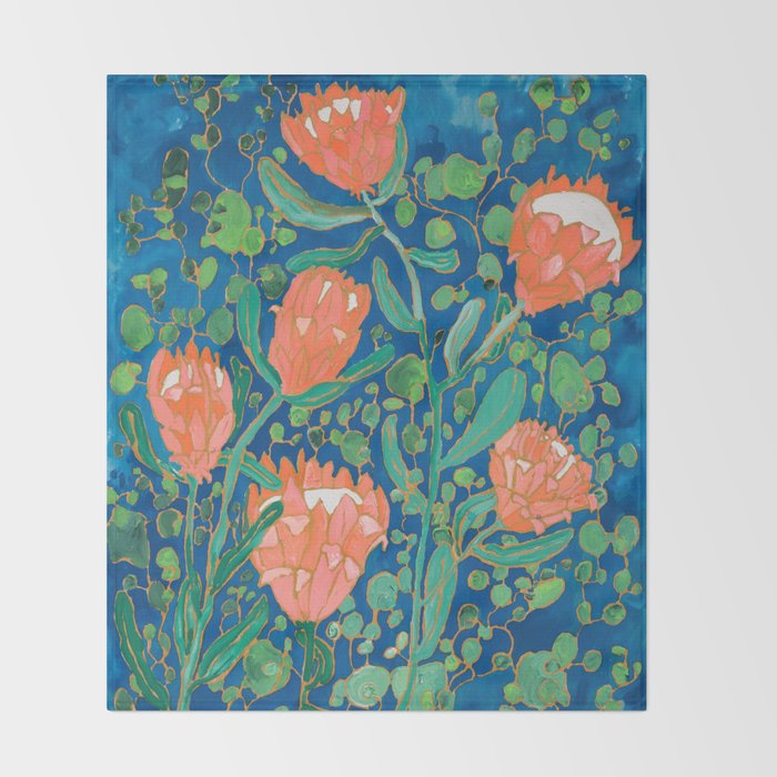 Coral Proteas on Blue Pattern Painting Throw Blanket Gallery Image 2