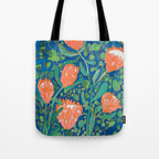 Coral Proteas on Blue Pattern Painting Tote Bag Gallery Image 1