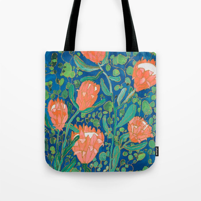 Coral Proteas on Blue Pattern Painting Tote Bag Gallery Image 1