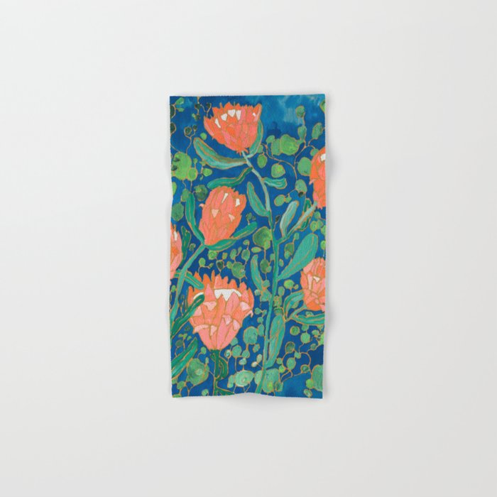Coral Proteas on Blue Pattern Painting Bath Towel Gallery Image 1