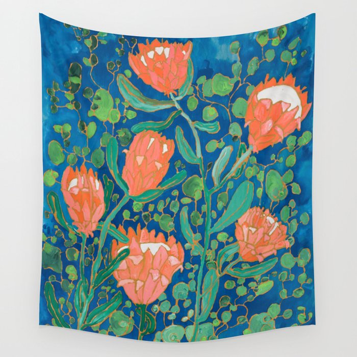 Coral Proteas on Blue Pattern Painting Wall Tapestry Gallery Image 4