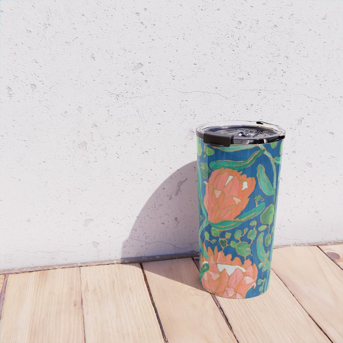 Coral Proteas on Blue Pattern Painting Travel Mug Gallery Image 4