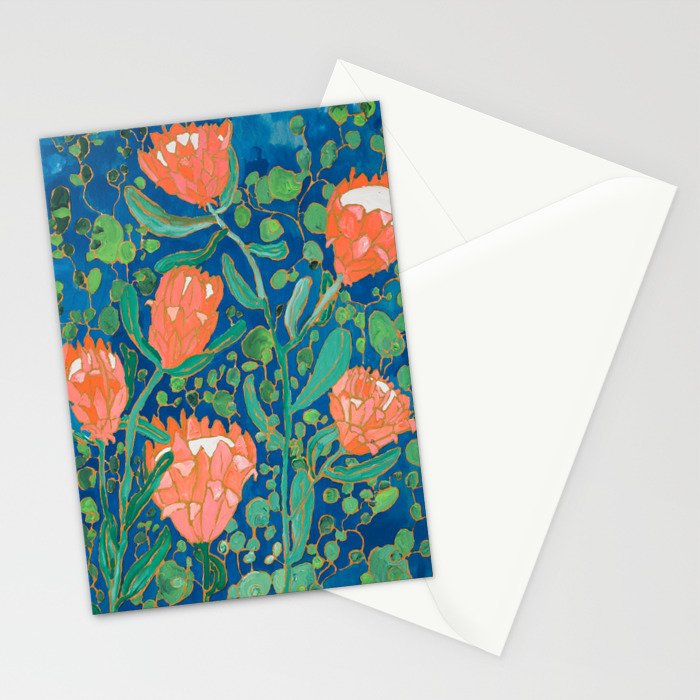 Coral Proteas on Blue Pattern Painting Stationery Card Gallery Image 2