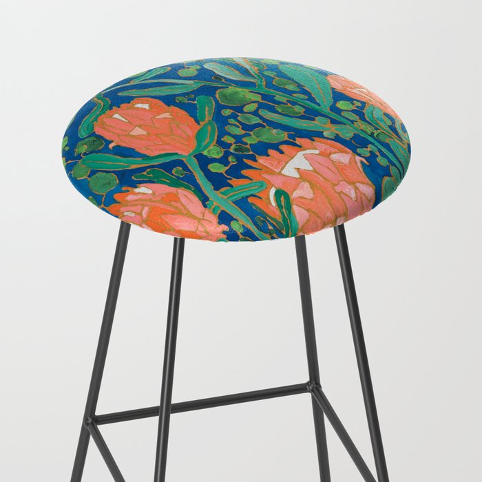 Coral Proteas on Blue Pattern Painting Stool Gallery Image 2