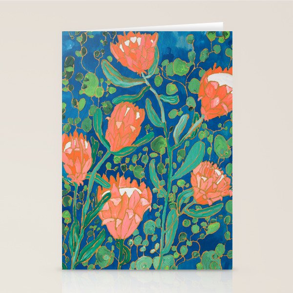 Coral Proteas on Blue Pattern Painting Stationery Card Gallery Image 2