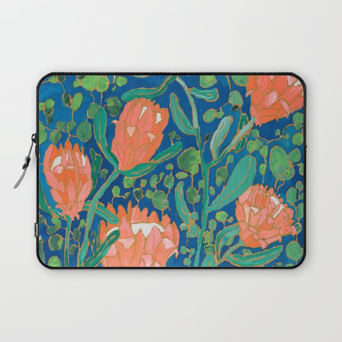Coral Proteas on Blue Pattern Painting Laptop Sleeve Gallery Image 1