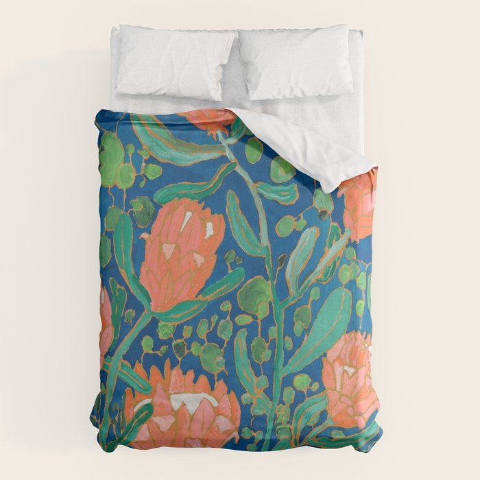 Coral Proteas on Blue Pattern Painting Duvet Cover Gallery Image 6