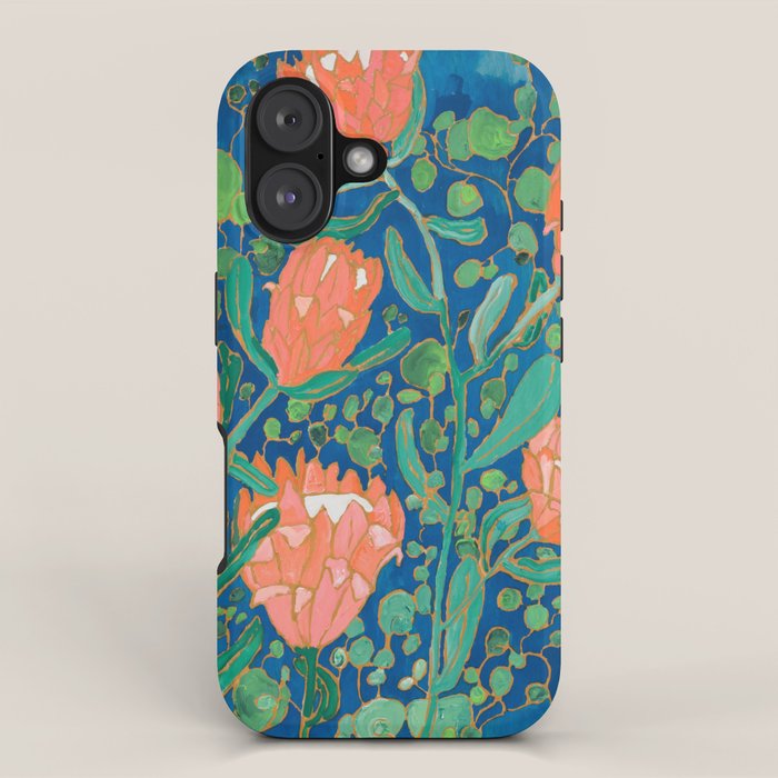 Coral Proteas on Blue Pattern Painting iPhone Case Gallery Image 1