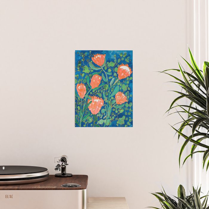 Coral Proteas on Blue Pattern Painting Poster Gallery Image 2