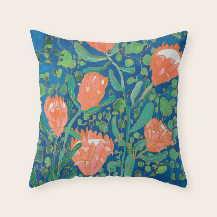 Coral Proteas on Blue Pattern Painting Throw Pillow Gallery Image 6