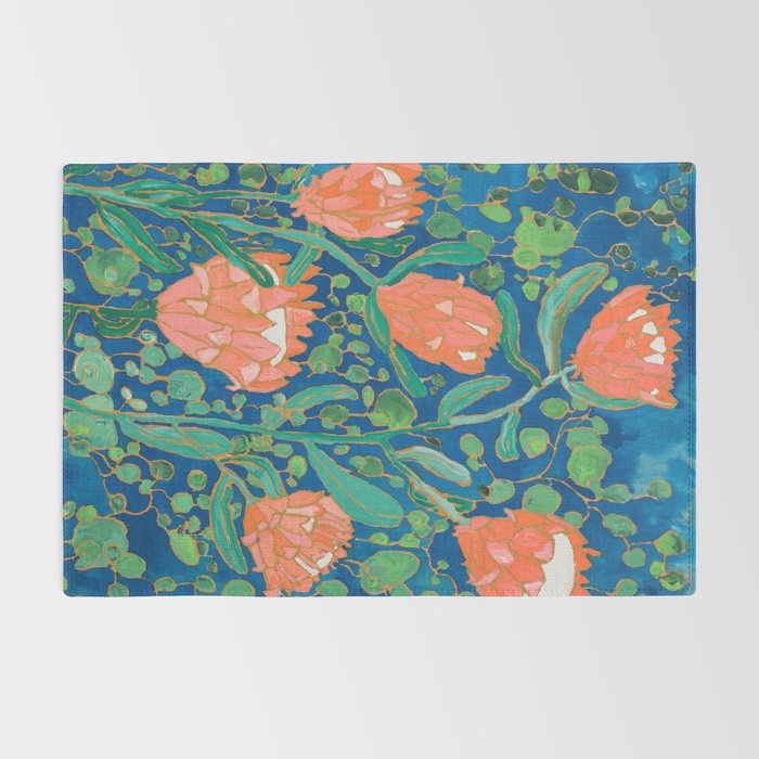 Coral Proteas on Blue Pattern Painting Rug Gallery Image 2