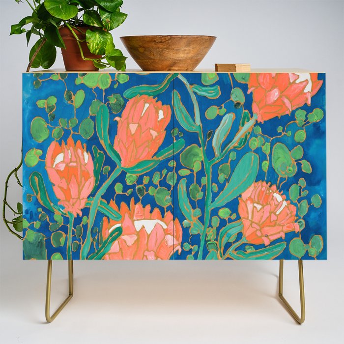 Coral Proteas on Blue Pattern Painting Credenza Gallery Image 1