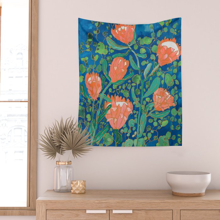 Coral Proteas on Blue Pattern Painting Wall Tapestry Gallery Image 2
