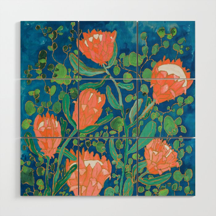 Coral Proteas on Blue Pattern Painting Wood Wall Art Gallery Image 1