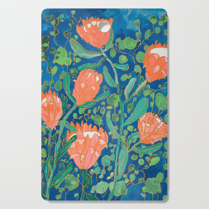 Coral Proteas on Blue Pattern Painting Cutting Board Gallery Image 1