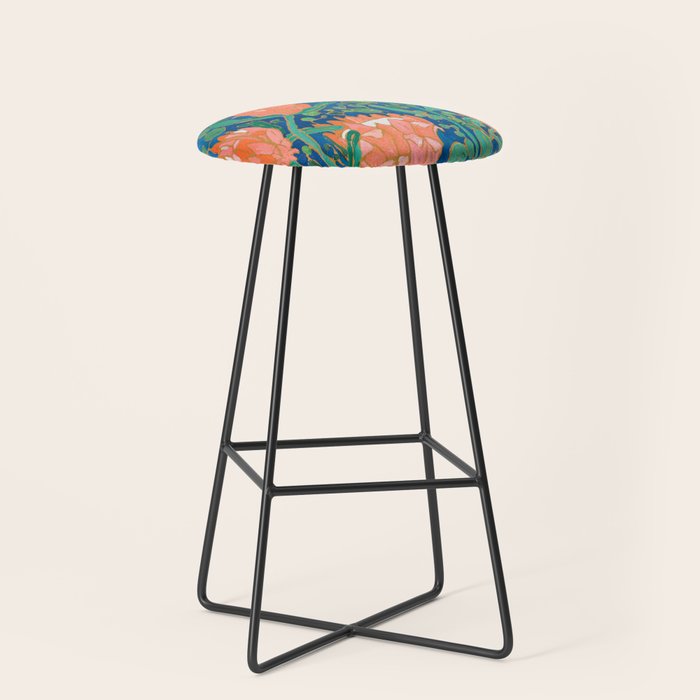 Coral Proteas on Blue Pattern Painting Stool Gallery Image 1
