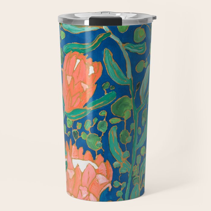 Coral Proteas on Blue Pattern Painting Travel Mug Gallery Image 1