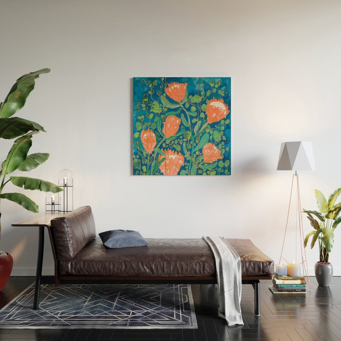 Coral Proteas on Blue Pattern Painting Wood Wall Art Gallery Image 2