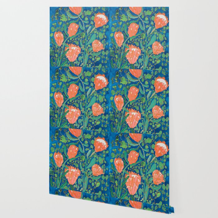 Coral Proteas on Blue Pattern Painting Wallpaper Gallery Image 2
