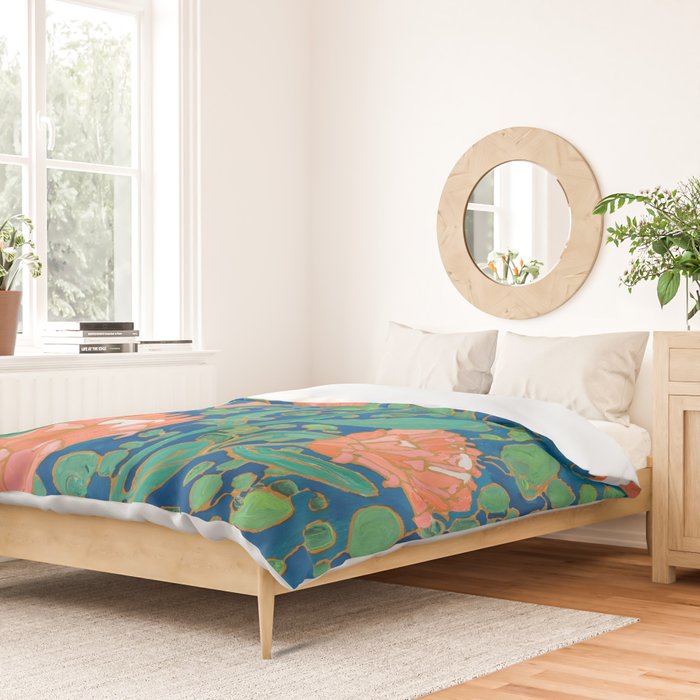 Coral Proteas on Blue Pattern Painting Duvet Cover Gallery Image 2