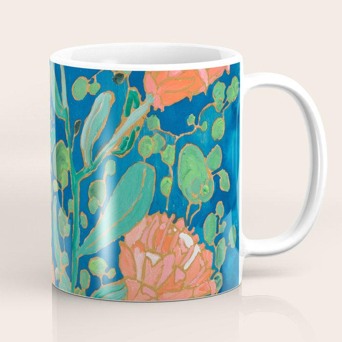 Coral Proteas on Blue Pattern Painting Coffee Mug Gallery Image 1
