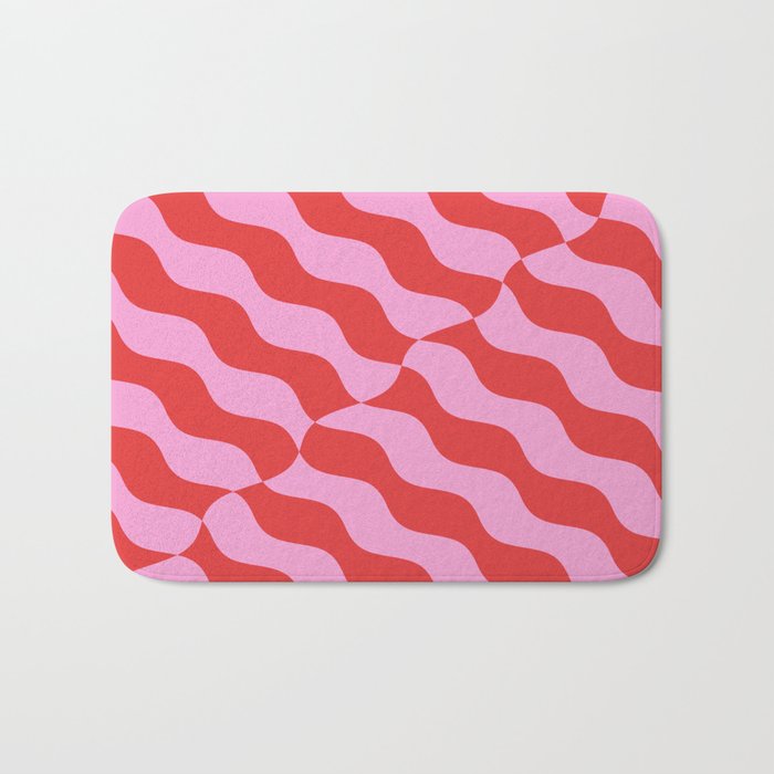 Retro Wavy Abstract Pattern in Red & Pink Bath Mat Gallery Image 1