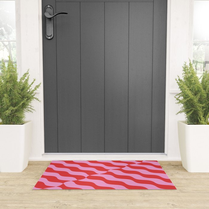 Retro Wavy Abstract Pattern in Red & Pink Welcome Mat Gallery Image 3