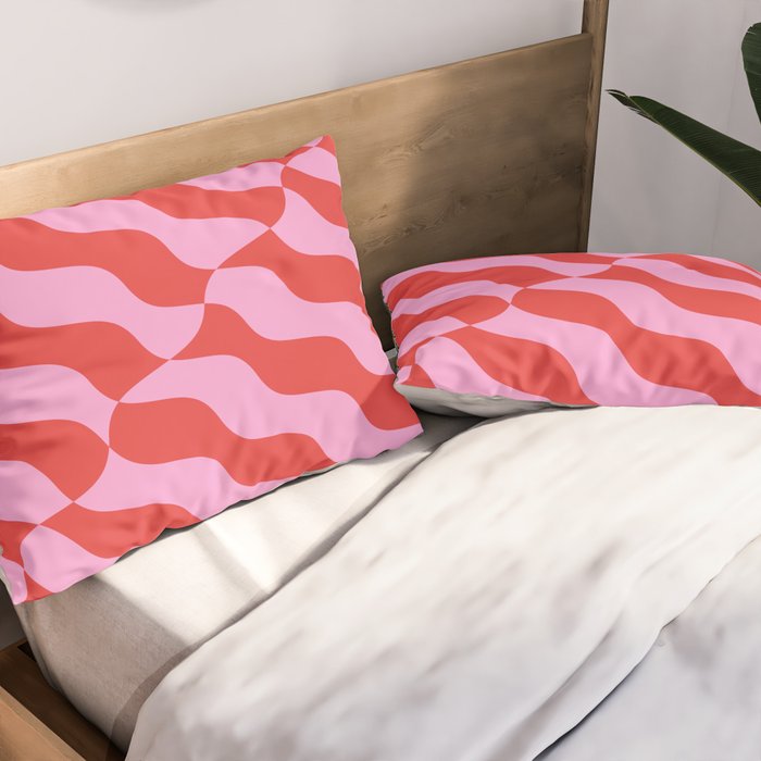 Retro Wavy Abstract Pattern in Red & Pink Pillow Sham Gallery Image 2