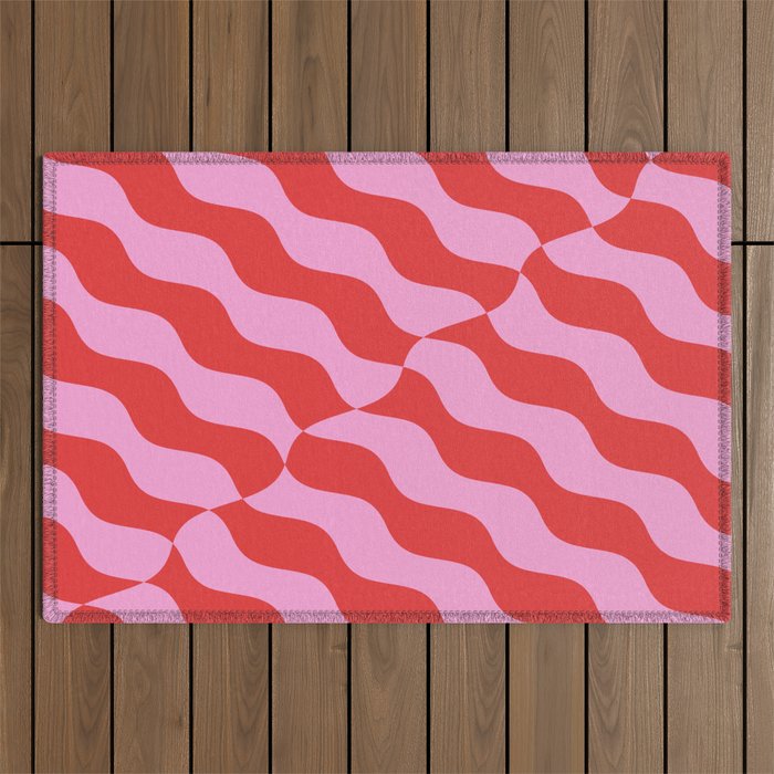 Retro Wavy Abstract Pattern in Red & Pink Outdoor Rug Gallery Image 1
