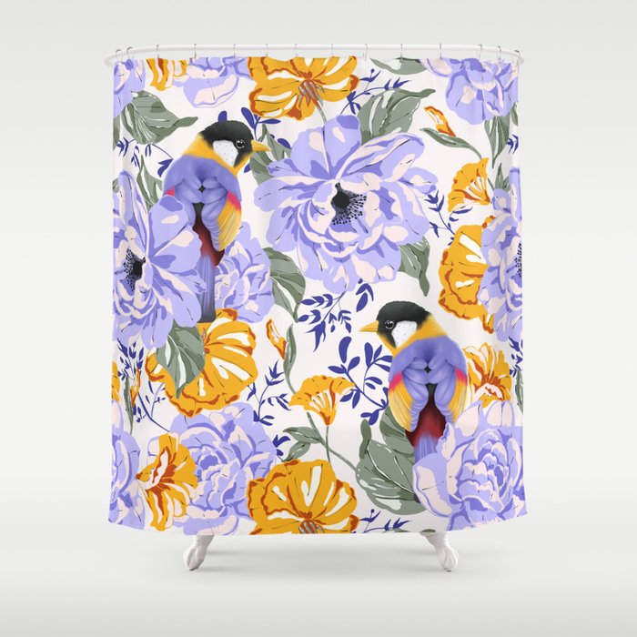 Colorful birds in garden flowers YL Shower Curtain Gallery Image 1