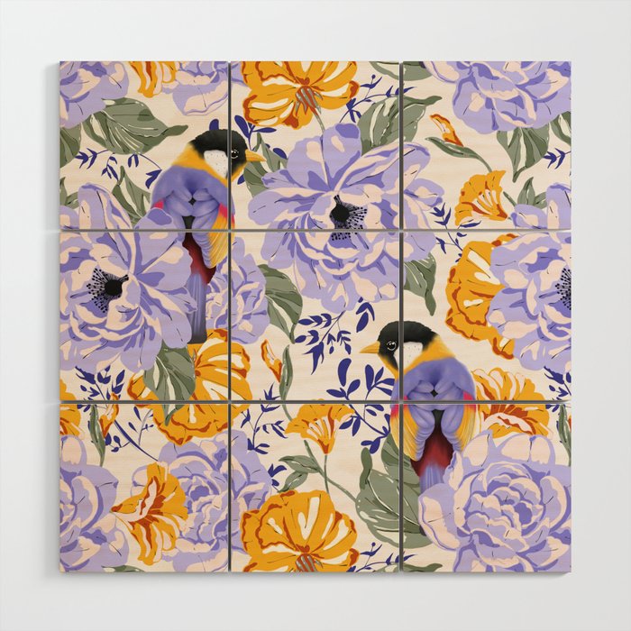 Colorful birds in garden flowers YL Wood Wall Art Gallery Image 1