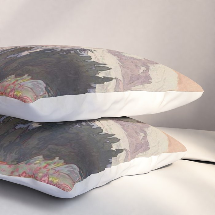 Storms over Keiisino - Winter Mountain & Forest Ukiyoe Nature Landscape in Pink, Blue, and Green Pillow Sham Gallery Image 3
