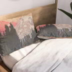 Storms over Keiisino - Winter Mountain & Forest Ukiyoe Nature Landscape in Pink, Blue, and Green Pillow Sham Gallery Image 2