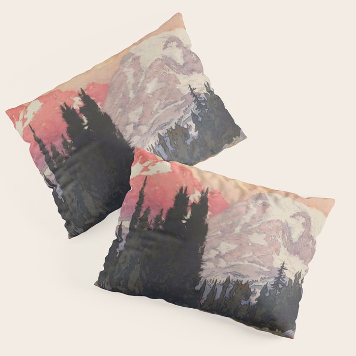 Storms over Keiisino - Winter Mountain & Forest Ukiyoe Nature Landscape in Pink, Blue, and Green Pillow Sham Gallery Image 3