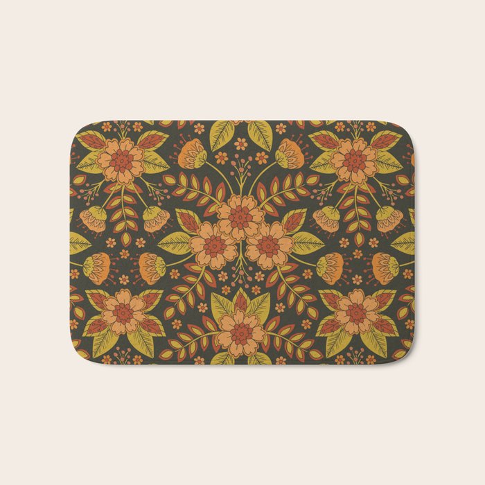 Orange, Peach, Olive Green & Dark Gray Floral Pattern Bath Mat Gallery Image 1