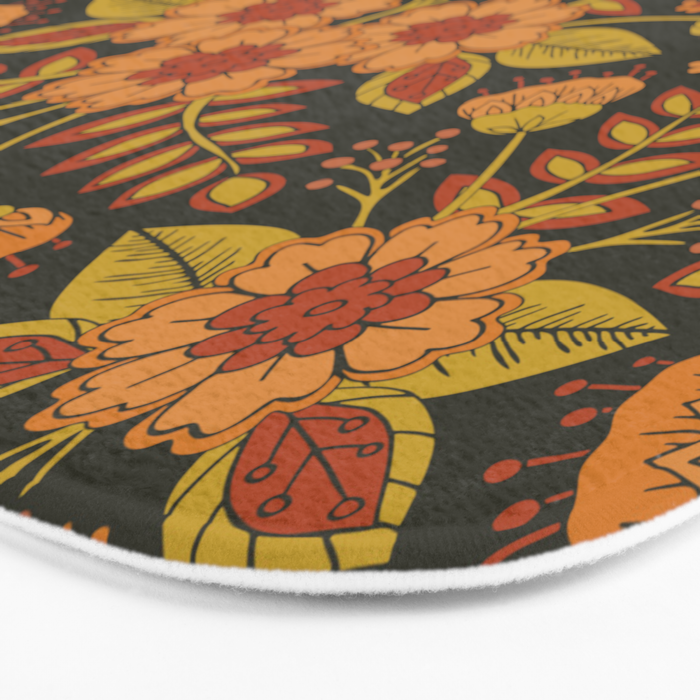 Orange, Peach, Olive Green & Dark Gray Floral Pattern Bath Mat Gallery Image 3
