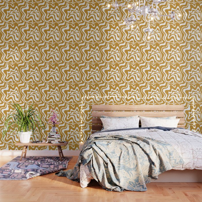 Liquid Swirl Abstract Pattern in Dark Mustard and White Wallpaper Gallery Image 3
