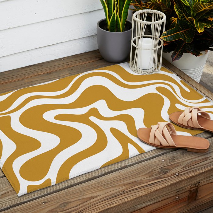 Liquid Swirl Abstract Pattern in Dark Mustard and White Outdoor Rug Gallery Image 2