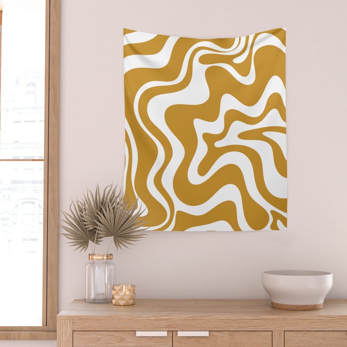 Liquid Swirl Abstract Pattern in Dark Mustard and White Wall Tapestry Gallery Image 2