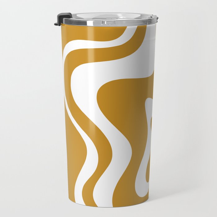 Liquid Swirl Abstract Pattern in Dark Mustard and White Travel Mug Gallery Image 3