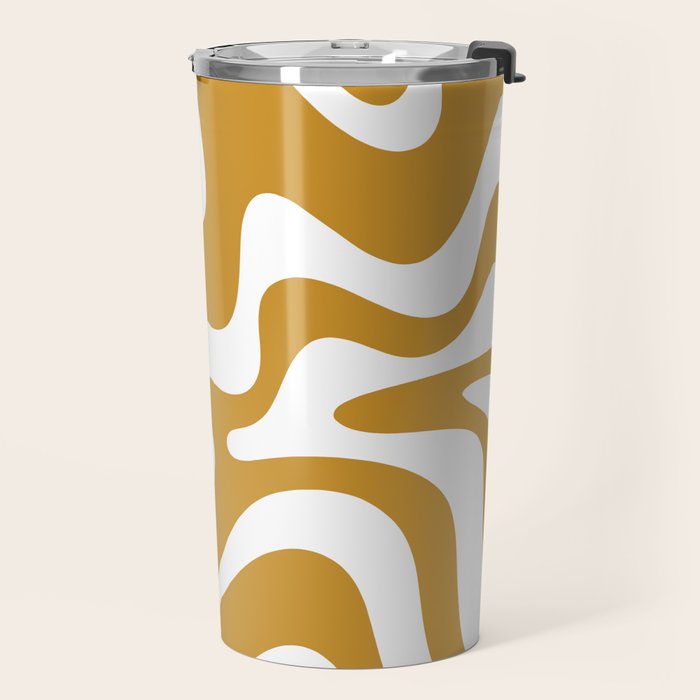 Liquid Swirl Abstract Pattern in Dark Mustard and White Travel Mug Gallery Image 2