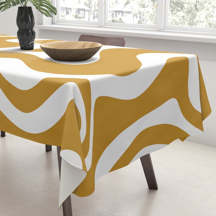 Liquid Swirl Abstract Pattern in Dark Mustard and White Tablecloth Gallery Image 3