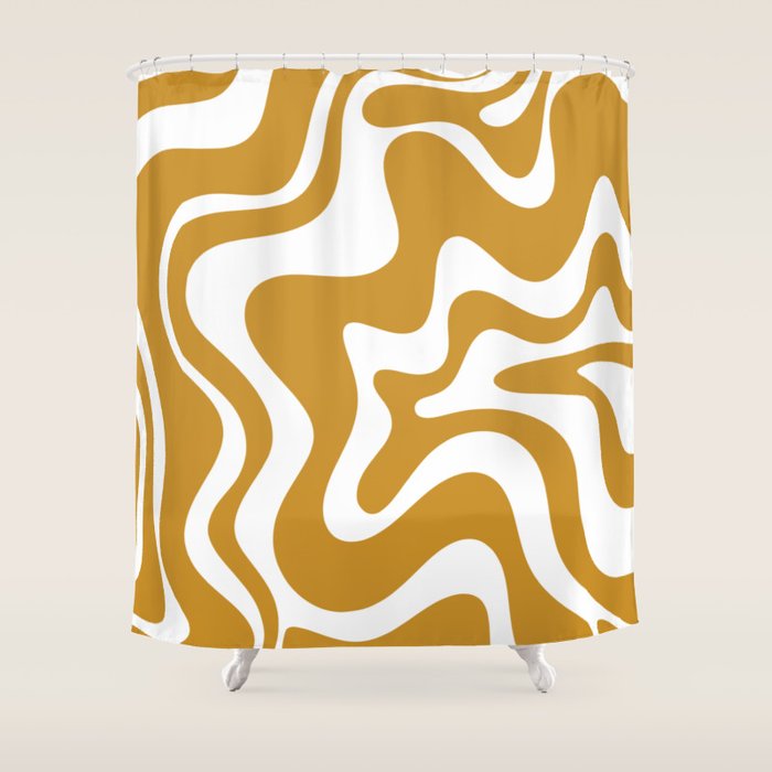 Liquid Swirl Abstract Pattern in Dark Mustard and White Shower Curtain Gallery Image 1