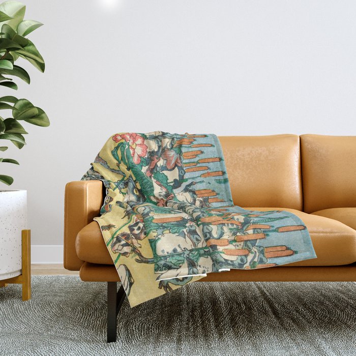 Fashionable Battle of Frogs by Kawanabe Kyosai, 1864 Throw Blanket Gallery Image 1
