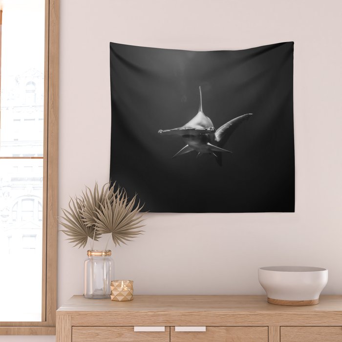 Hammerhead Shark (Black and White) Wall Tapestry Gallery Image 2