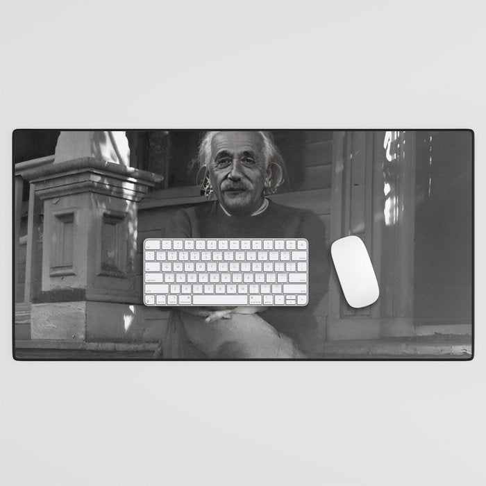 Satirical Einstein in Fuzzy Pink Slippers Classic E = mc² Black and White Satirical Photography  Desk Mat Gallery Image 1