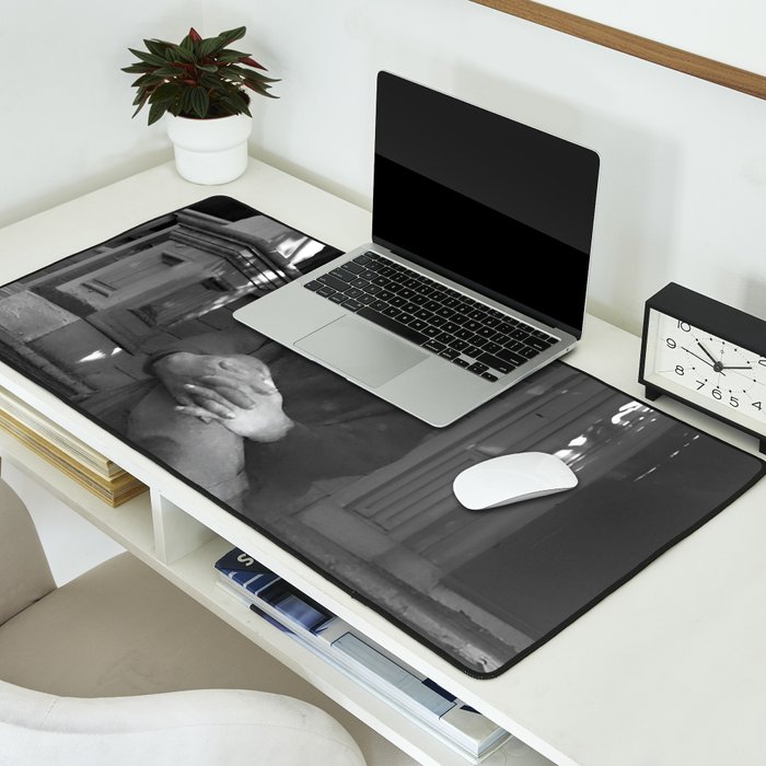 Satirical Einstein in Fuzzy Pink Slippers Classic E = mc² Black and White Satirical Photography  Desk Mat Gallery Image 2