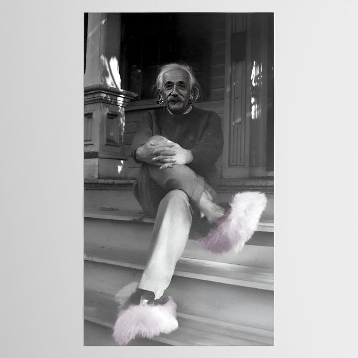 Satirical Einstein in Fuzzy Pink Slippers Classic E = mc² Black and White Satirical Photography  Tablecloth Gallery Image 2